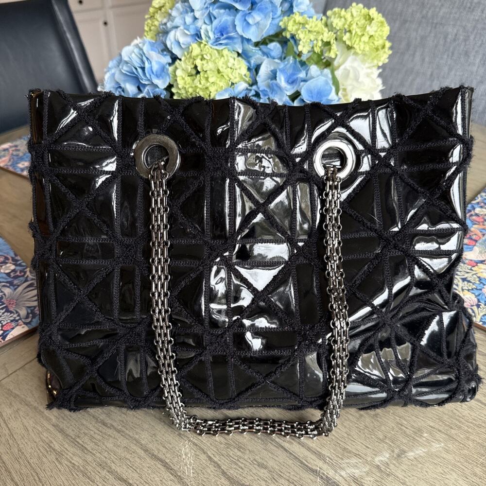 Big Buddha Santa Barbara Quilted Black Patent Tote Bag Silver Chain Straps